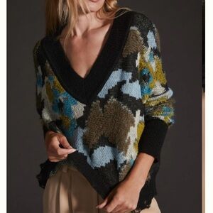 Anthropology Drop Shoulder V-Neck Oversized Sweater Black Motif size XS